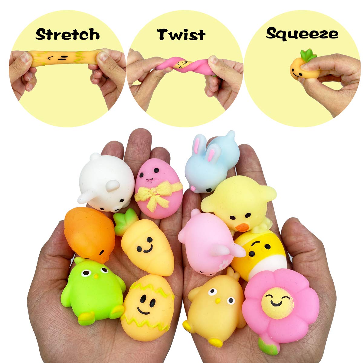 Qingqiu 24 Pcs Easter Mochi Squishy Toys Stress Relief Squishies For Kids Boys Girls Toddlers Easter Basket Stuffers Egg Fillers