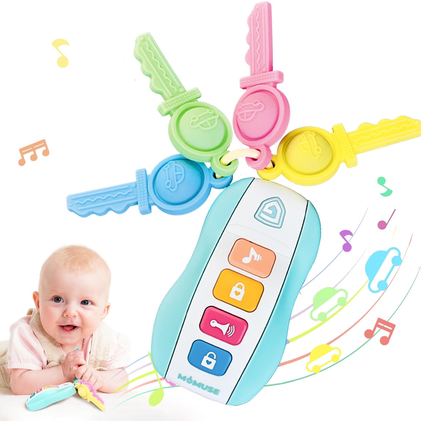 Momuse Baby Teething Relief Toys For 6-12 Months, Baby Teether Keys Car Musical Toy For 6 9 12 18 36 Months, Food Grade Silicone