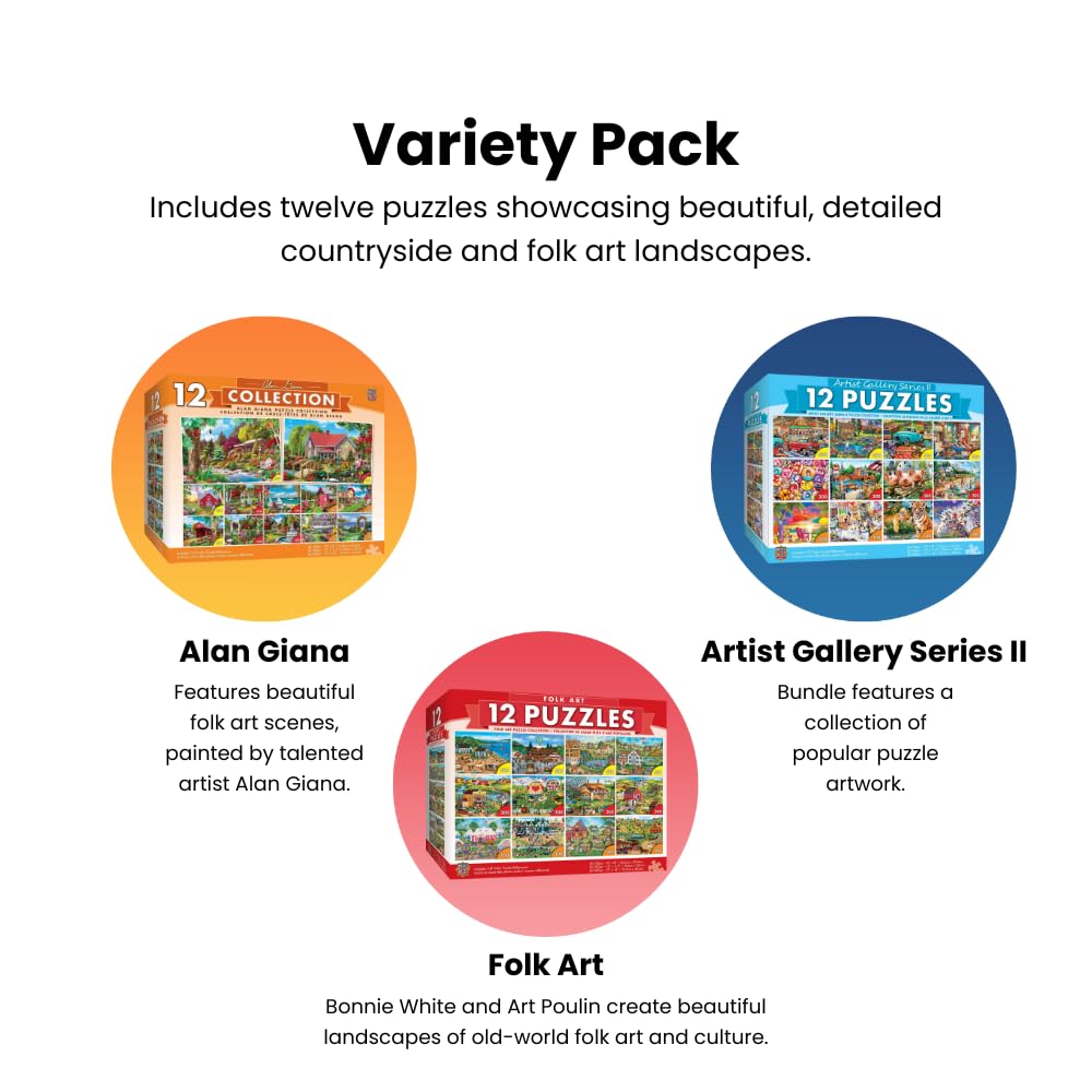 Masterpieces 12 Pack Jigsaw Puzzles For Adults, Family, Or Kids - Folk Art 12-Pack Bundle