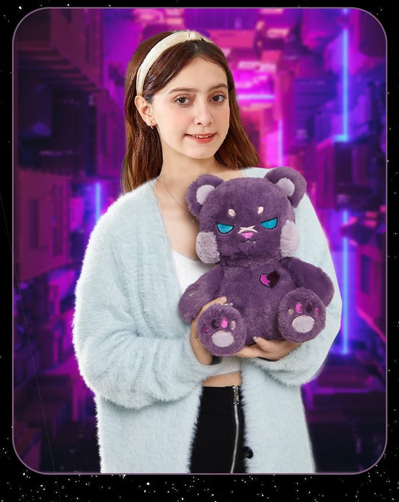 Elainren Creepy Gothic Bear Stuffed Gifts, Plush Goth Teddy Bear With Wings, Crazy Purple Bear Plushie Toy Dreadful Bear Stuffed