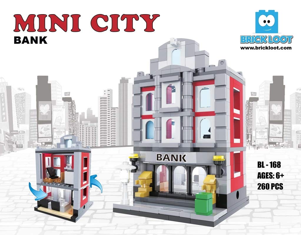 Brick Loot Bank Mini Brick City Set, Toy Building Blocks, Model Kit For Adults & Kids Age 6+, 100% Compatible With Lego & Major Brands, Play Bank Robbery And Other Games, Two Story Bank, 236 Pieces