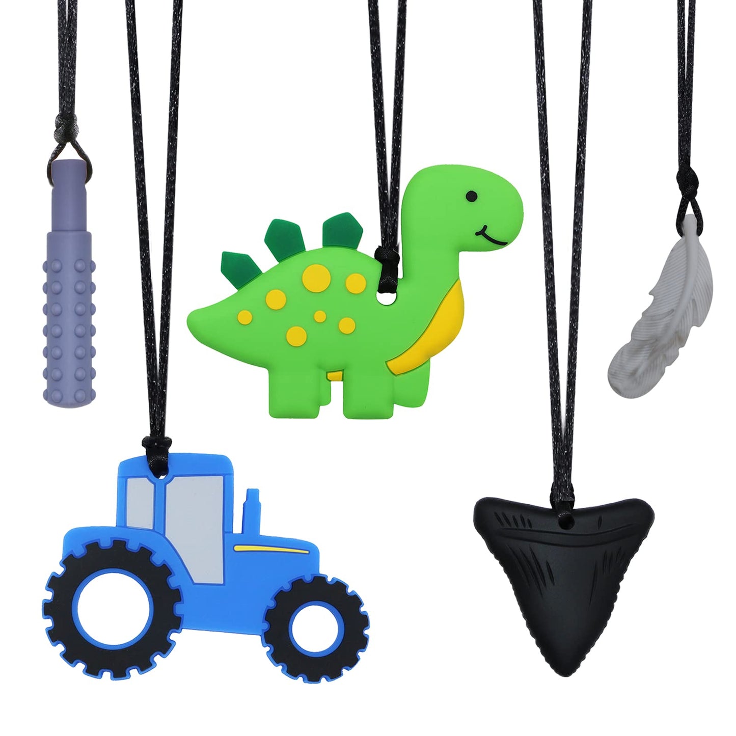 KongNai Chew Necklace for Sensory Kids, 5Pcs Chewy Silicone Pendants, Reducing Fidget Anxiety, Colors: Black, Blue, Green