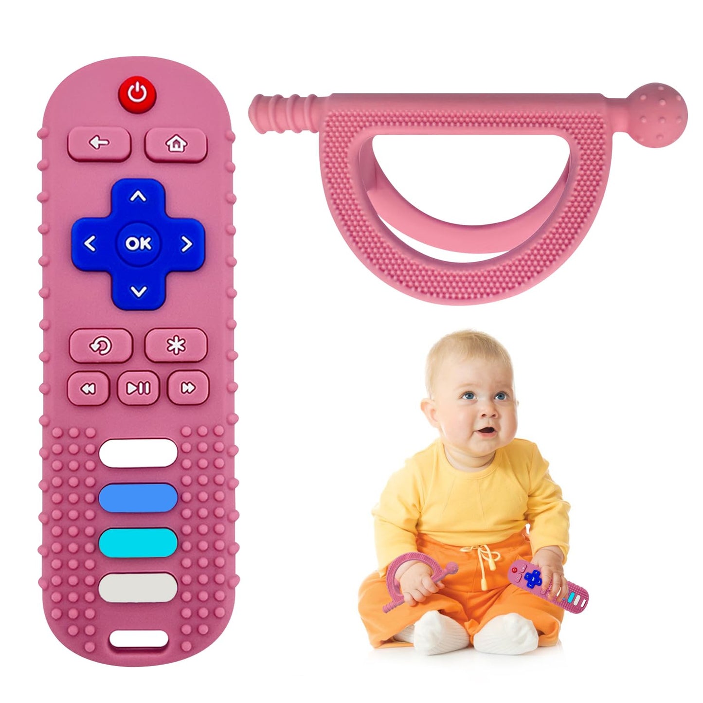 Yapromo 2Pcs Baby Teething Toy, Tv Remot Control Shapeteether For Infant 18+ Months, Never Drop Silicone Chew Toy, Food Grade Si