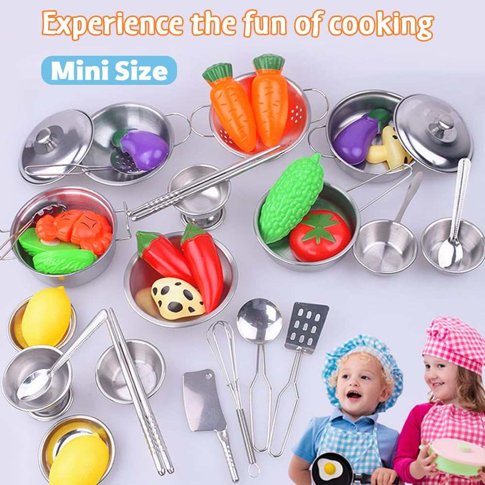 Classic Stainless Steel Kitchen Toys Cooking Utensils Set-Pretend Play Pots Pans Toy Cookware Kits for Kids Cooking Utensil Set