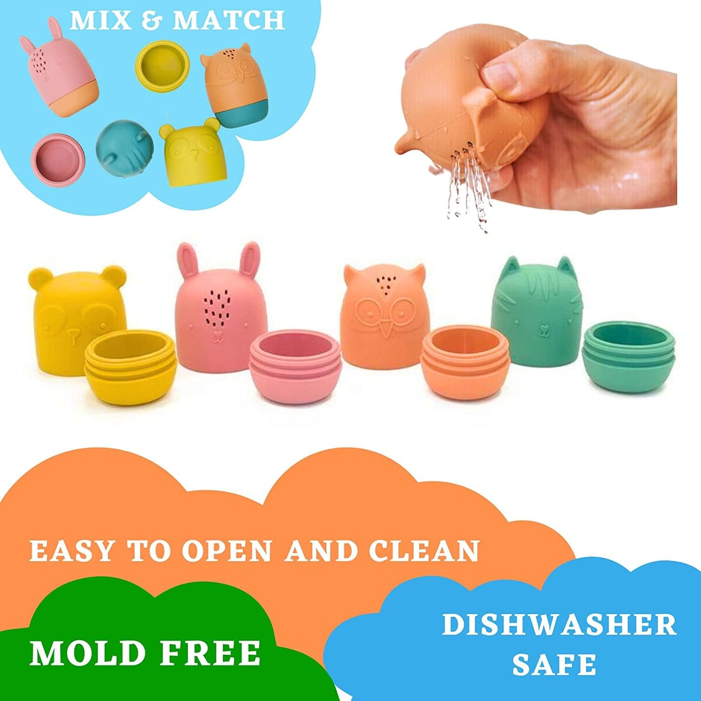 Bumble Bear Mold Free Silicone Bath Toys, Baby Bath Toys 6-12 Months, Toddlers 1-3, Non Toxic Infant Bathtub Toy, Water Toys, Pool Toy, Dishwasher Safe (Coral With Mesh Bag)