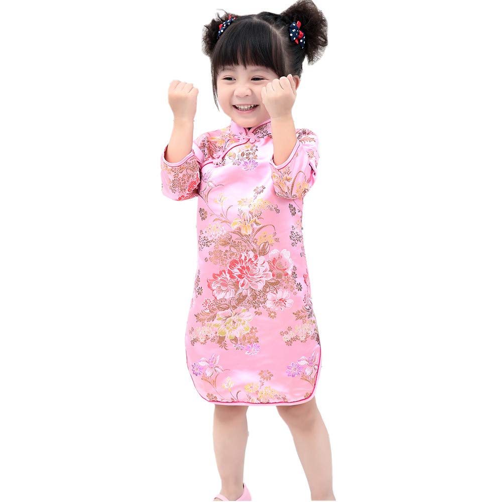 Hooyi Chinese Girls Dress Peony Rose Qipao Half Sleeve Cheongsam Wedding Dresses Princess Birthday Party Costume (Pink,12)