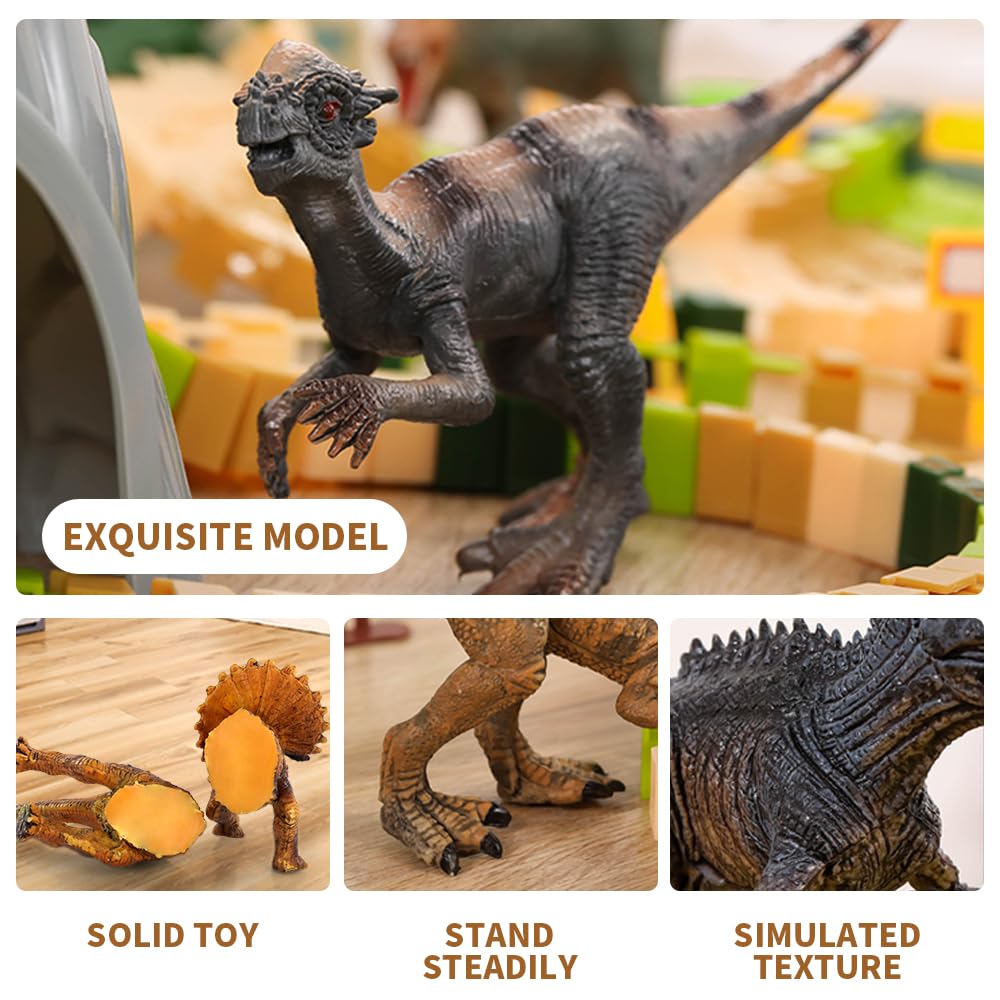 Temi 348Pcs Dinosaur Train Toys For Kids 3 4 5 6 7 Years, Longer Track, 6 Realistic Jurassic Dino Figures, 2 Electric Toy Cars, Twisted Flexible Train Track Set For Toddlers, Boys & Girls