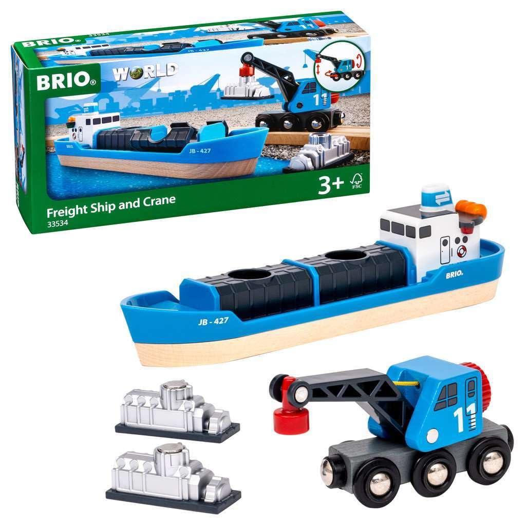 Brio World - 33534 Container Ship And Crane Wagon | Premium 4-Piece Kids Train Set Toy | Enhances Motor Skills & Creativity | Co
