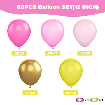 Yellow Pink Balloon, 60 Pcs 12 Inches Hot Pink Metallic Gold Balloons For Girls Peach Birthday Party Decorations Birthday Balloons Baby Shower Engagement Party Supplies