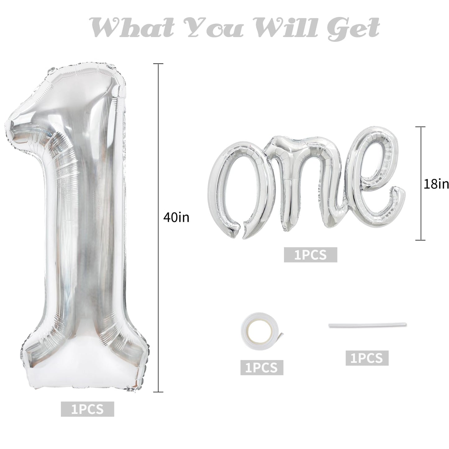Toniful 40 Inch Giant Silver Number 1 Balloon,Mylar Foil Script Cursive Letter 1 Balloon Banner For Boys Girls Kids First Birthd