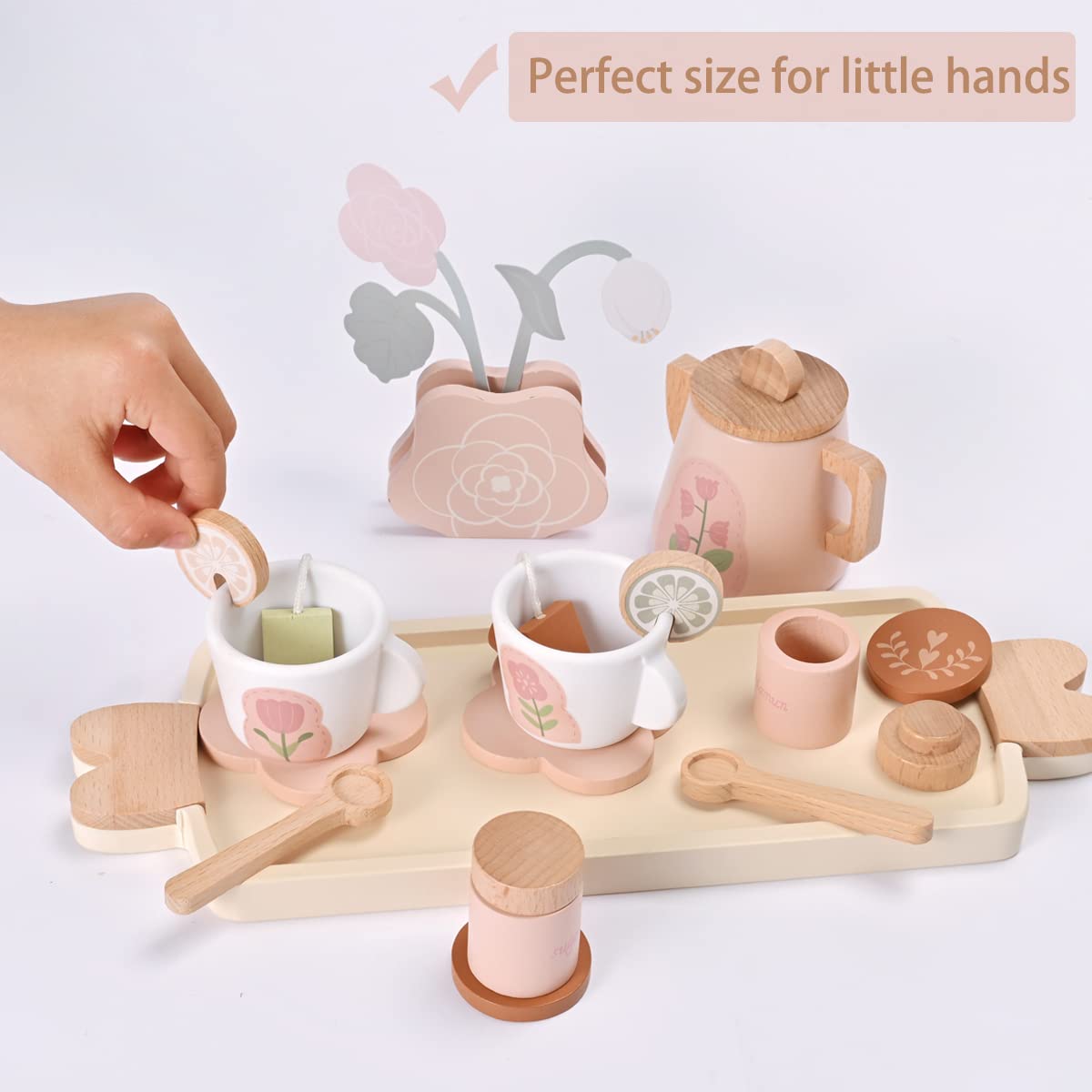 MONT PLEASANT Wooden Tea Set for Little Girls, Wooden Toys, Toddler Tea Set Toy, Play Kitchen Accessories Set, Montessori Toys,