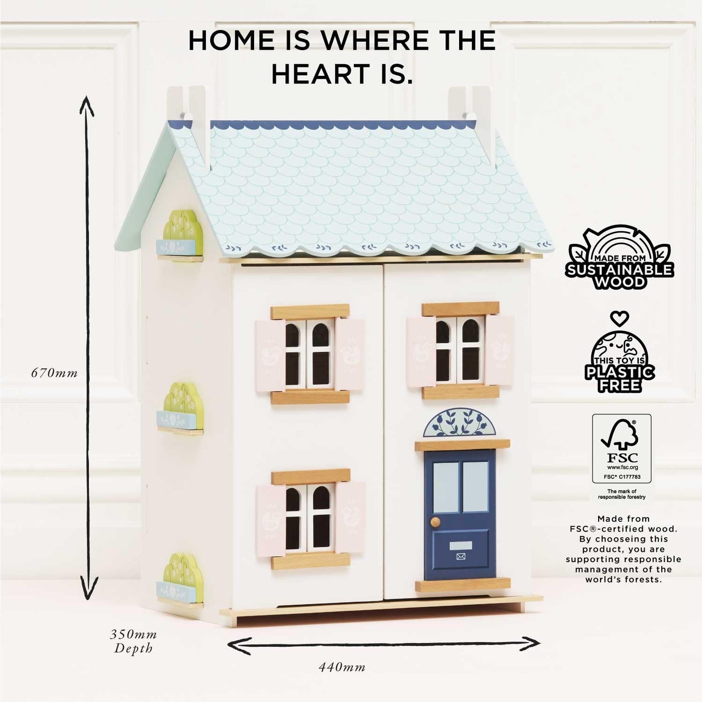 Le Toy Van - Blue Belle Wooden Doll House | Girls & Boys 3 Storey Wooden Dolls House Play Set - Suitable For Ages 3+