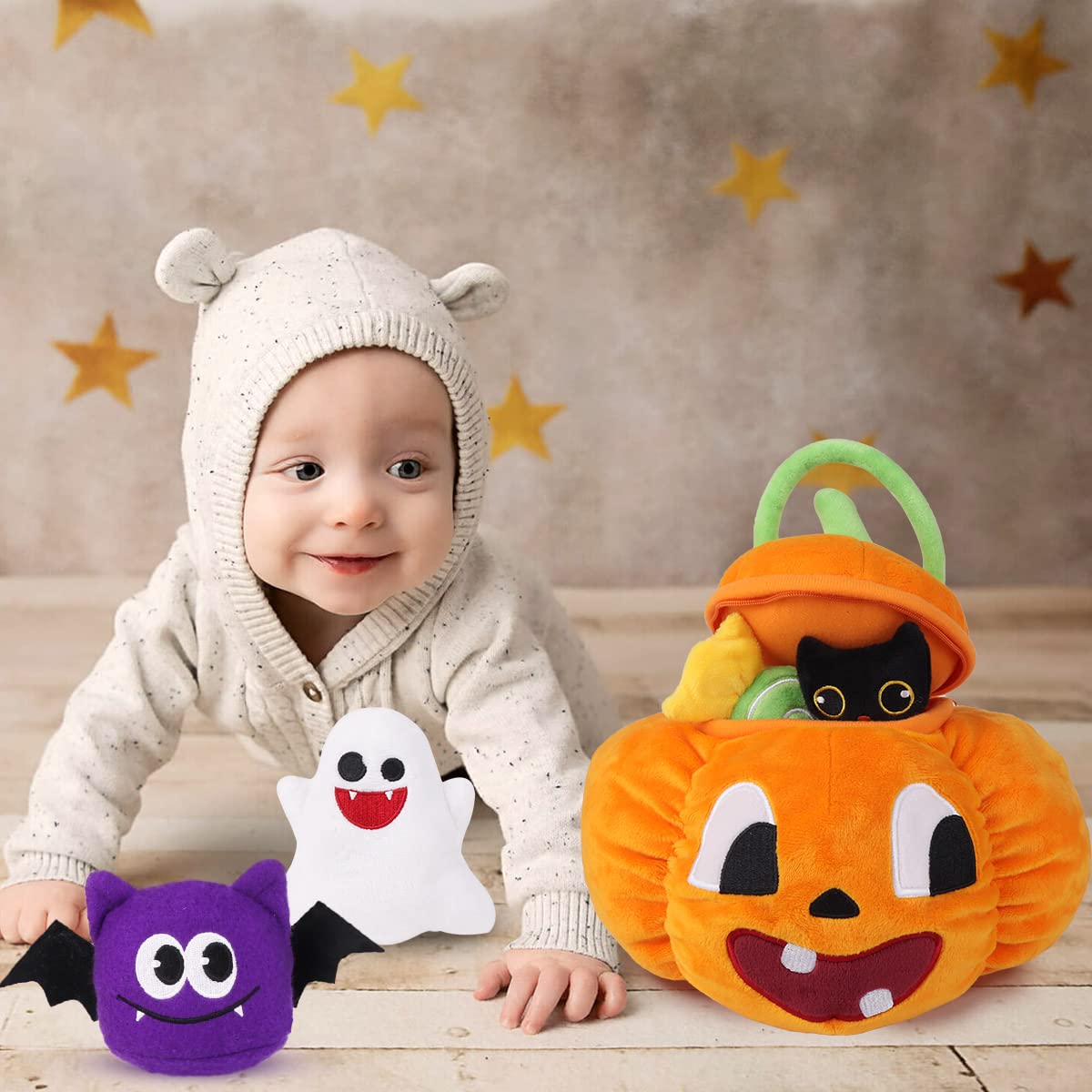 Bunny Chorus Small Multicolor Plush Pumpkin Playset for Baby Girls & Boys - Stuffed Rattles with Cat, Spider, Ghost & Candy
