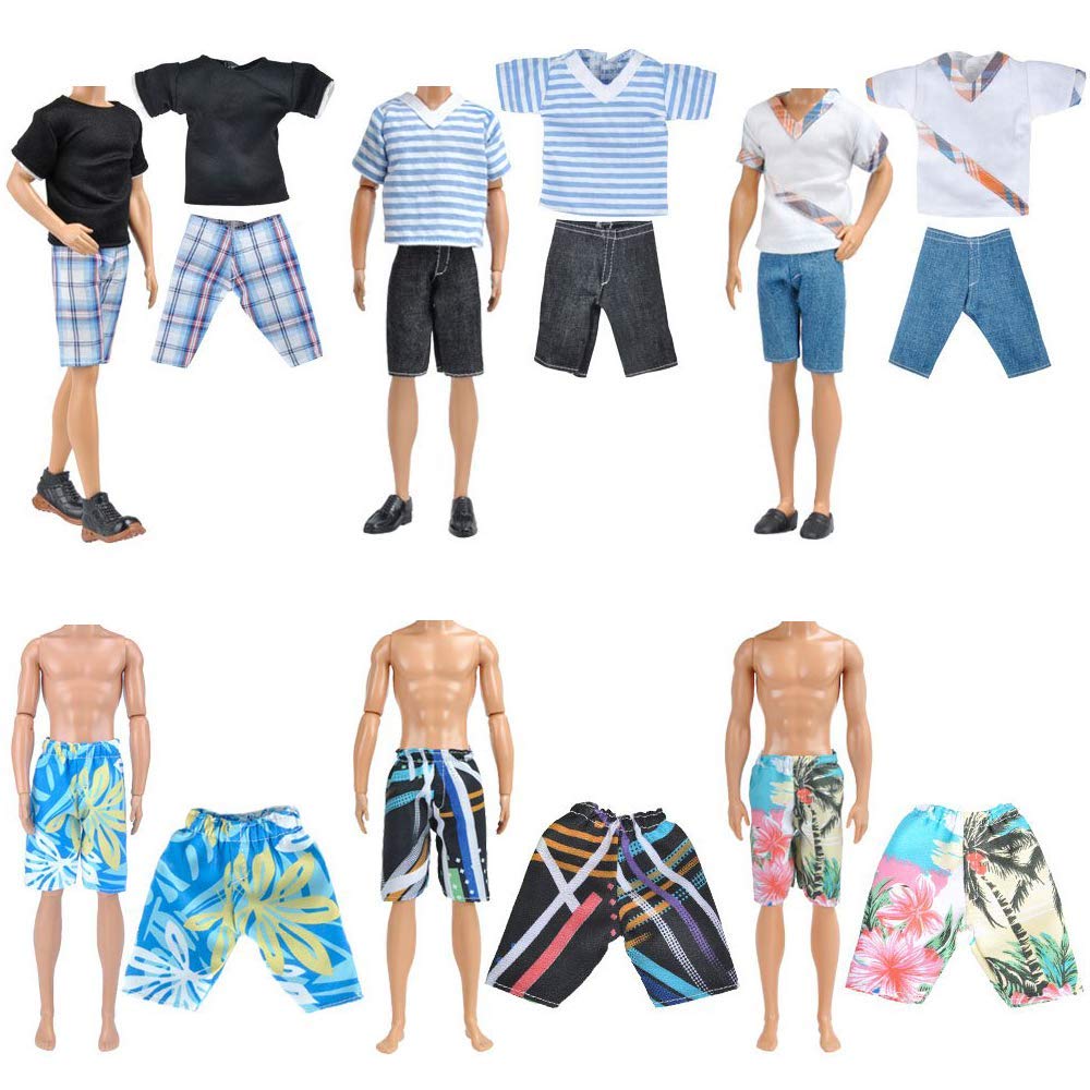 E-Ting 10-Item Fantastic Pack = 5 Sets Fashion Casual Wear Clothes Outfit With 5 Pair Shoes For Boy Doll Random Style (Leather Jacket + Casual Wear Clothes + Swimwear)