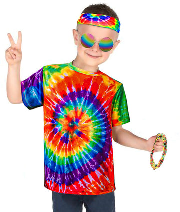 Kids Hippie Costume For Boys Girls 60S 70S T-Shirt 5Pcs Set For Halloween Party 9-10 Years Colorful