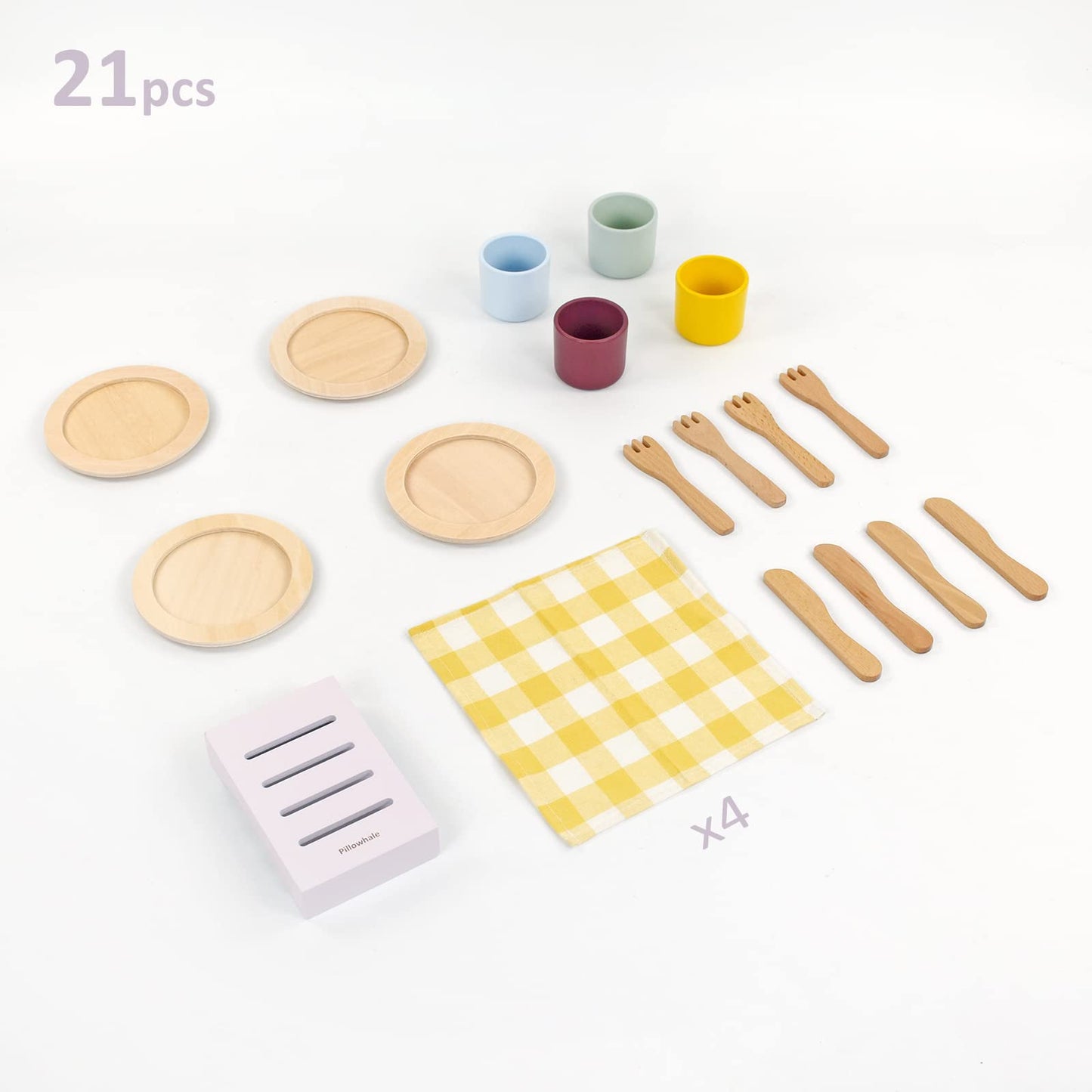 Pillowhale Wooden Toy Plates and Dishes Set,Play Kitchen Cutlery and Plate Set,21Piece Kids Kitchen Playset Accessories for Todd