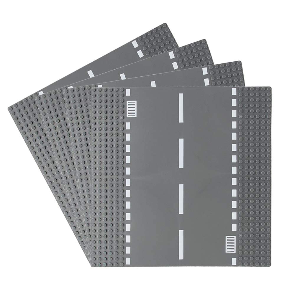 Feleph Classic Road Base Plates, City Street Straight Road Building Kit, 10 X 10 Inches Town Baseplate For Building Bricks Compatible With All Major Brands(Straight 4 Pieces)