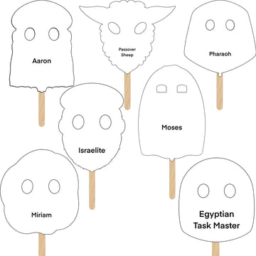 The Dreidel Company Passover Character Masks, Laminated Pesach Stick Puppets For Seder, 7 Masks Per Set (2 Sets)