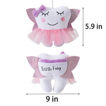Free-Space Tooth Fairy Pillow With Pocket Ballet Doll For Girl Shiny Wings Crystal Velvet Tooth Fairy Keepsake Gifts (Pink)