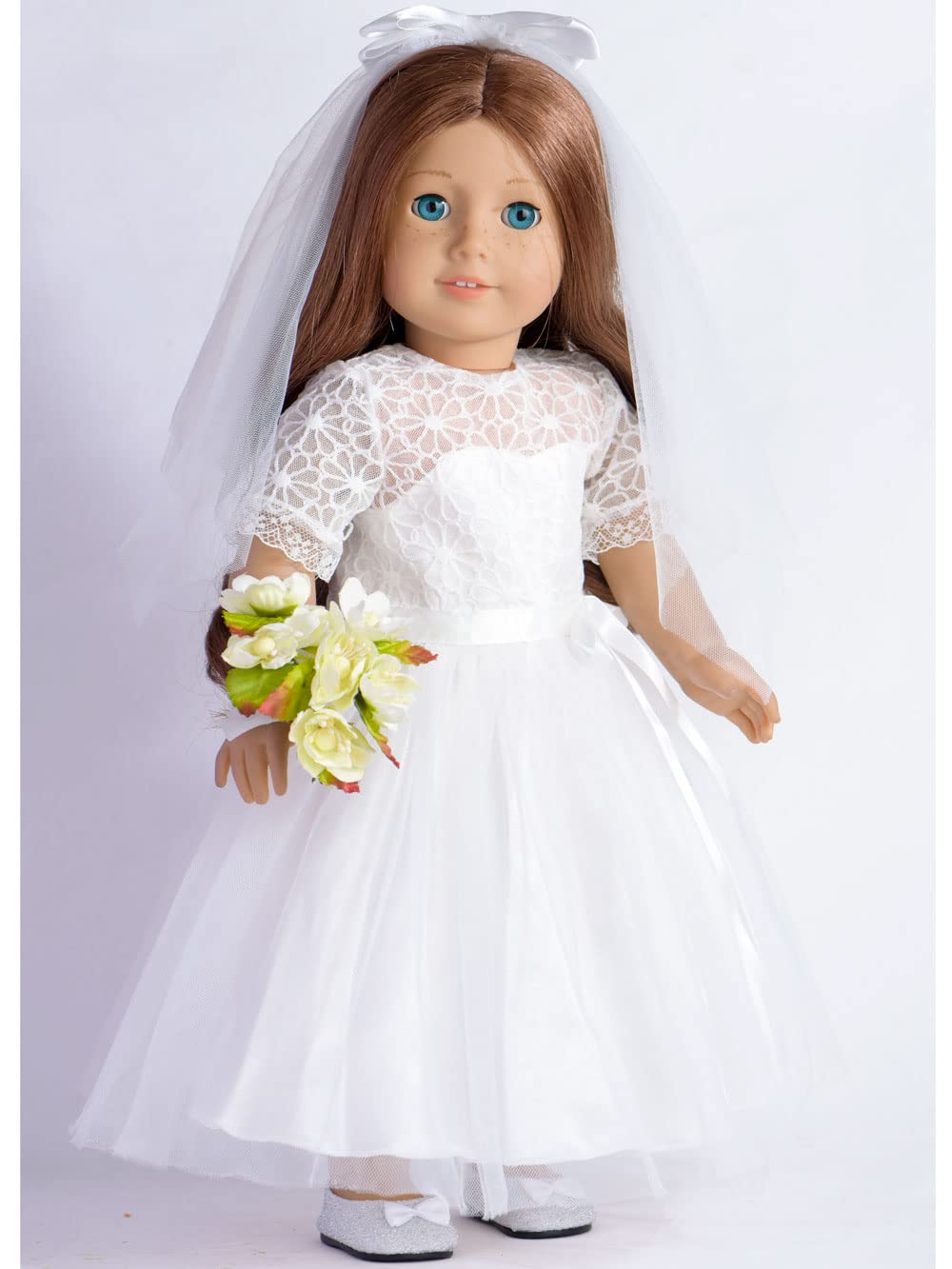 Sweet Dolly 18 Inches American Doll Clothes First Communion Gorgeous White Wedding Dress Veil Bouquet Sets Fit 18 Inches Dolls