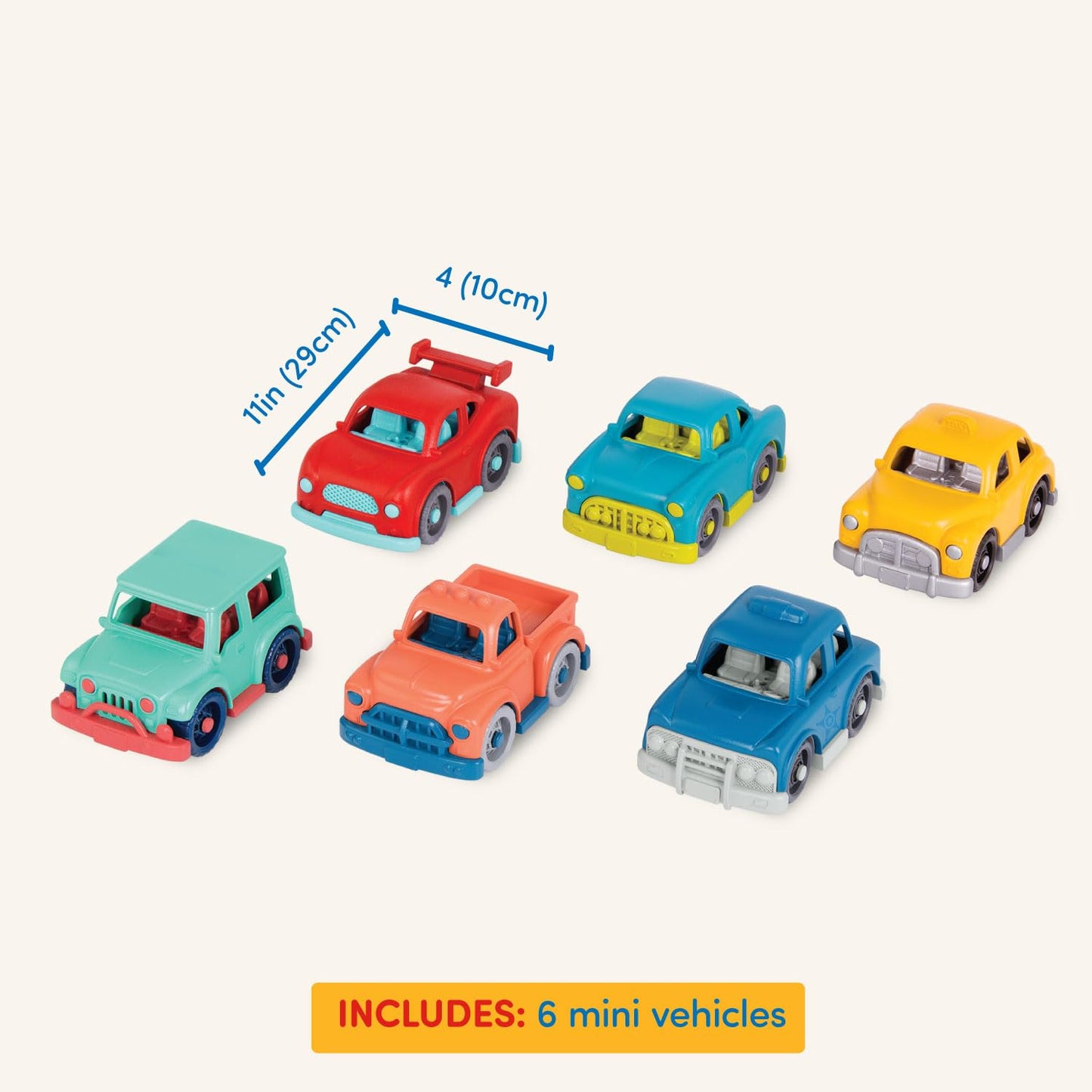Battat- Wonder Wheels- Set of 6 Mini Toy Cars For Kids - Race Car, Truck, Taxi, Police Car, Retro Car, 4x4 - Pretend Play- Recyc