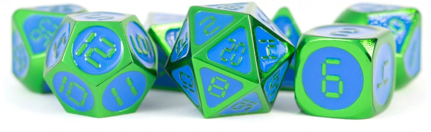 FanRoll by Metallic Dice Games 16mm Metal Polyhedral DND Dice Set: Green w/Blue Enamel, Role Playing Game Dice for Dungeons and