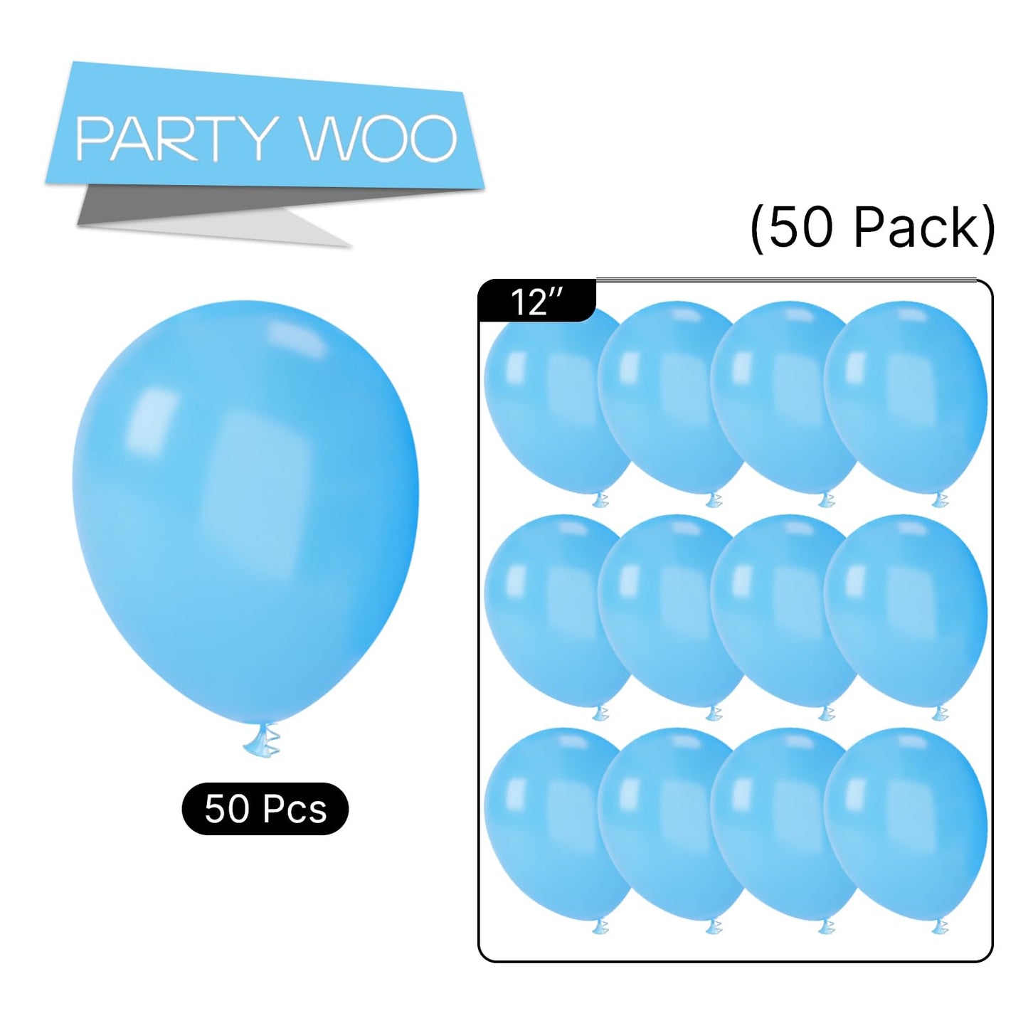 PartyWoo Balloons - 50 pcs 12 Inch Light Blue Rubber Balloons for Party Decorations, Baby Showers, Balloon Garland, Blue-Y20