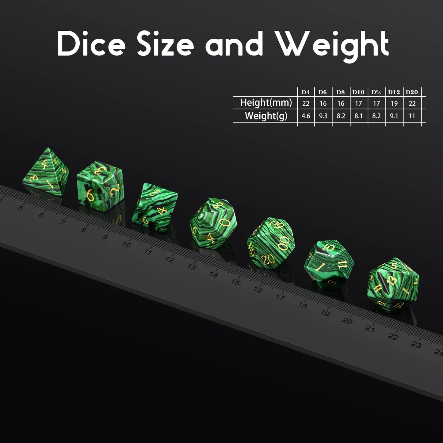 DNDND Malachite Gemstone DND Dice Set 7 PCS D&D Dice with Grogeous Gift Case for Dungeons and Dragon Tabletop Game (Malachite)