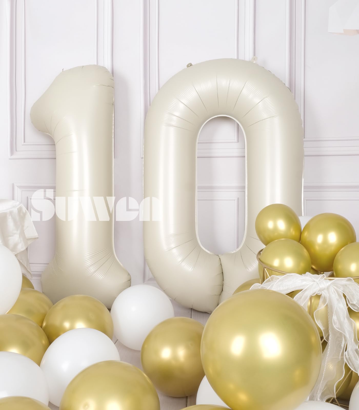 Suwen 40 Inch Cream White Large 10 Balloon Numbers Big Foil Helium Number Balloons 0-9 Jumbo Happy 10Th Mylar Birthday Party Dec