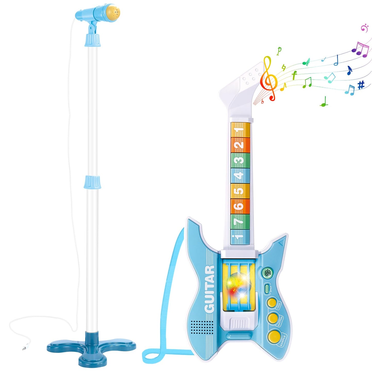 Deao Kids Guitar And Microphone Set With Stand Adjustable Height Music Light Karaoke Music Toys Christmas Birthday Gift For Kids Boys Girls (Blue)