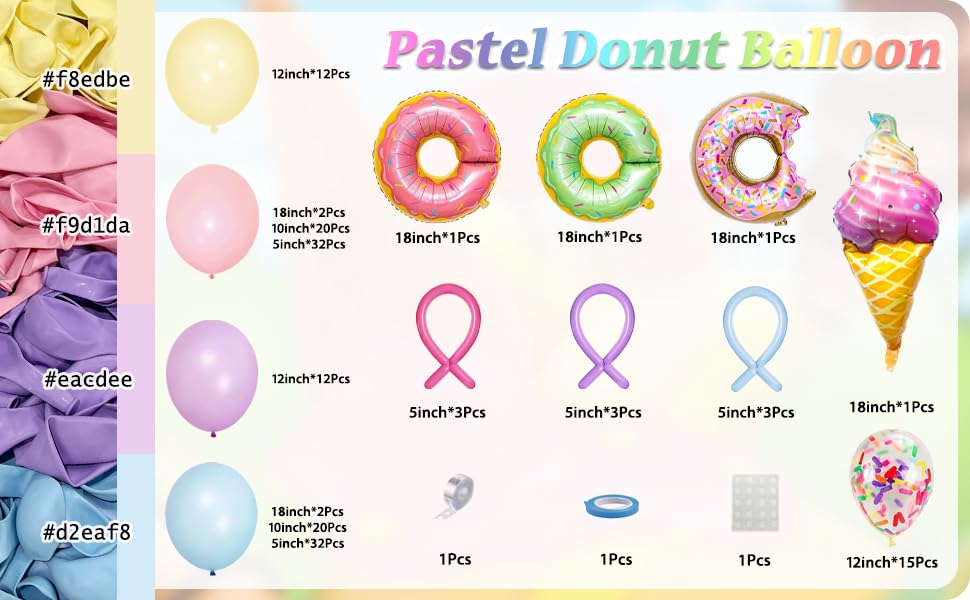 163Pcs Pastel Donut Balloon Arch Garland Kit, With Pastel Rainbow Balloon, Sprinkle Confetti And Ice Cream Foil Balloons For Swe