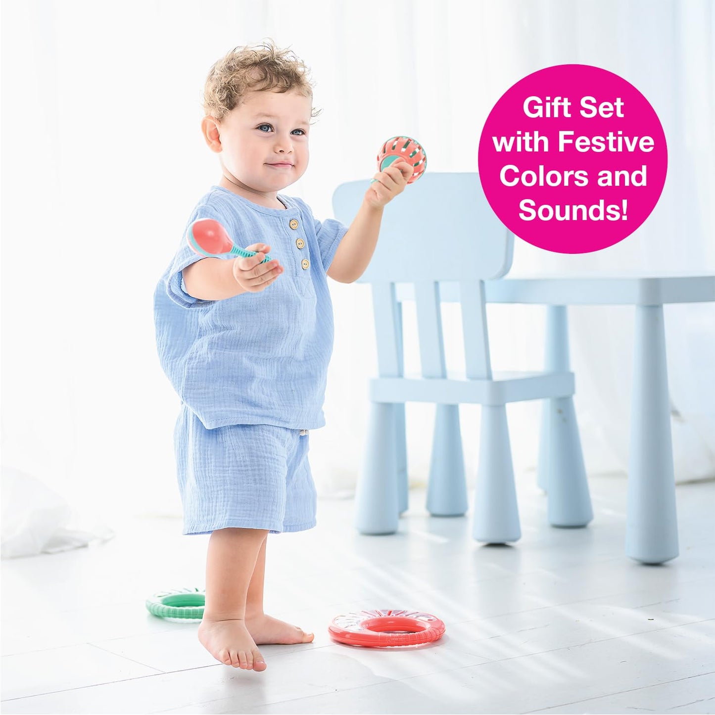 Edushape Festival Music Gift Set - Baby Musical Instruments Include Mini Rain Stick, Crackle & Roll, Bell, Tambourine, Maracas - Interactive Baby Musical Toys For Kids And Toddlers 18 Months And Up