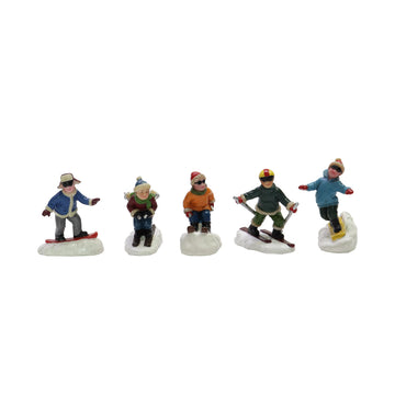 Moments In Time Set Of 5 Hand-Painted Polyresin Christmas Village Skiing Figures