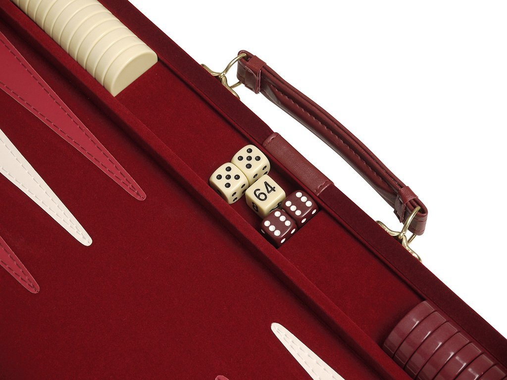 Deluxe Attache Backgammon Set - 15'' Medium Size Classic Maroon Board Game - Luxurious Velour Case