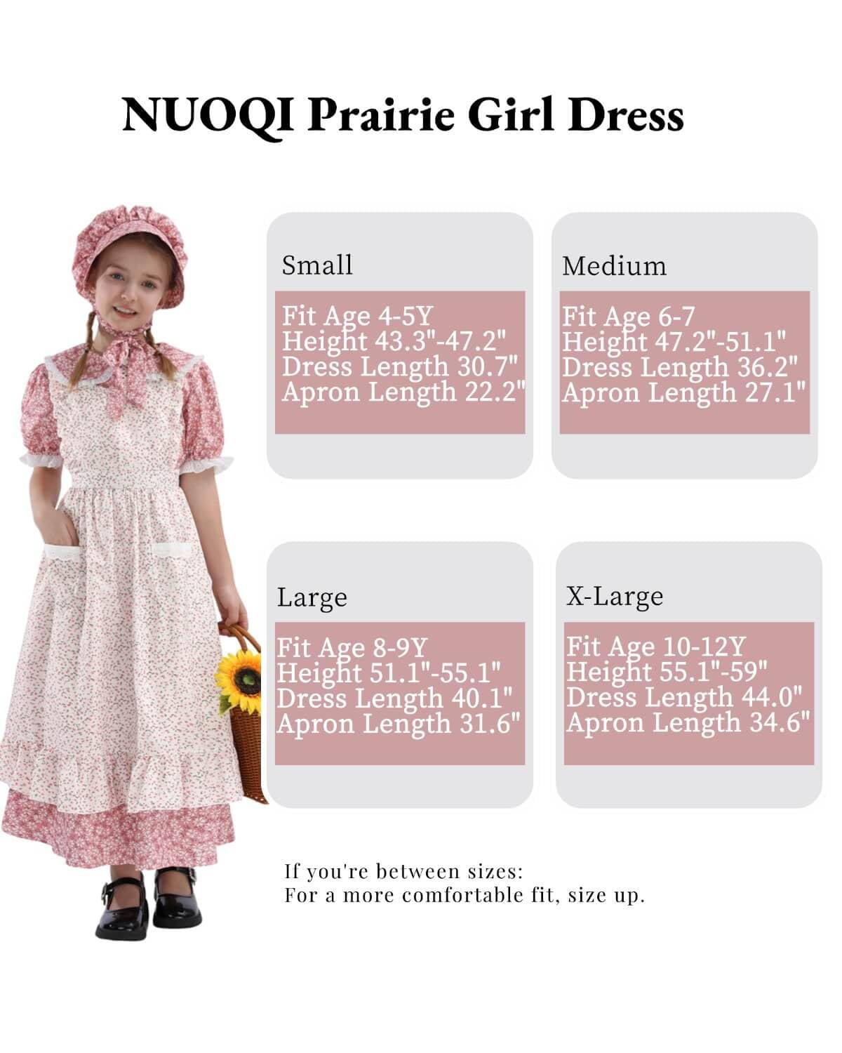 Nuoqi Colonial Costume Girls Prairie Pioneer Dress Laura Ingalls Wilder Costume With Apron Pink, 10-12