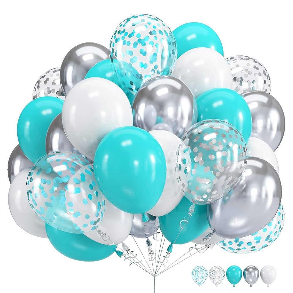 Teal Blue And Silver Balloons, 60 Packs 12Inch Teal And Metallic Silver Balloons, Teal Blue White Silver Confetti Balloon With R