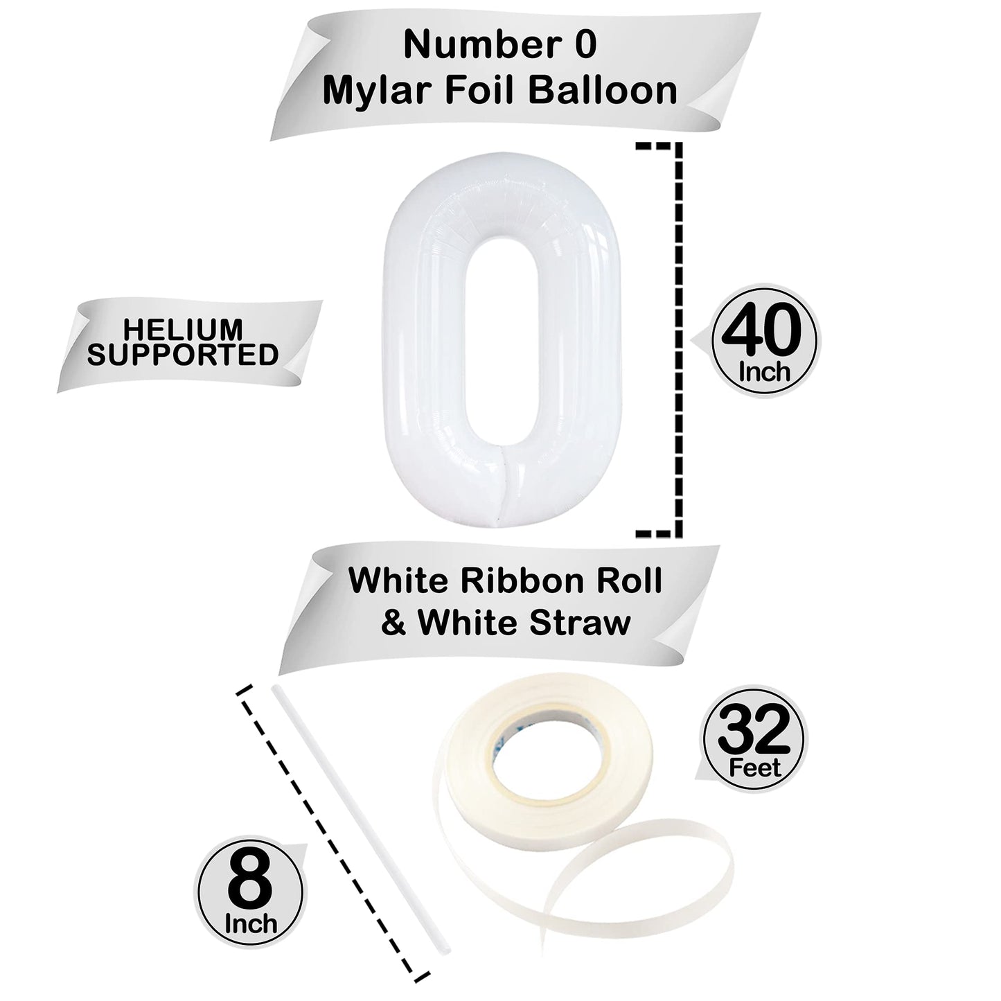 Large, Number 0 White Balloon For Party- 40 Inch | Foil Zero Number Balloon For Black And White Party Decorations | 0 White Number Balloon, Anniversary, White Mylar Balloons For Birthday Party Dècor