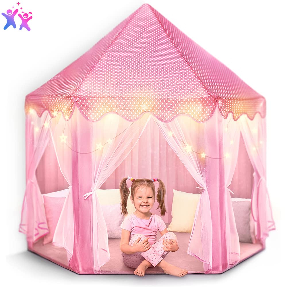 Foxprint Castle Princess Tents For Little Girls With Lights, Soft Fairy Star Lighting For Indoor And Outdoor Play, Quick 55 X
