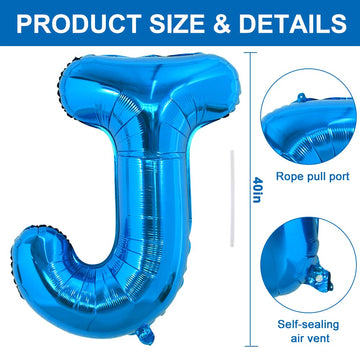 TONIFUL 40" Blue J Foil Letter Balloon - Giant Alphabet Decoration for Birthday, Graduation, Anniversary, New Year Party Supplies