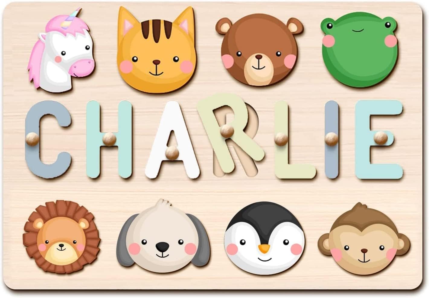 Personalized Name Puzzle For Kids Engraved Text Greetings On Back Custom Wooden Name Signs With Pegs For Baby Boy & Girl 1 Year