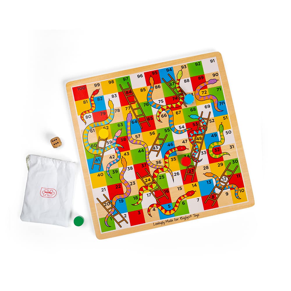 Bigjigs Toys Traditional Snakes and Ladders Game - Quality Snake and Ladders Family Games for Kids and mature-themeds Up to 4 Players Board Game Includes Counters & Dice