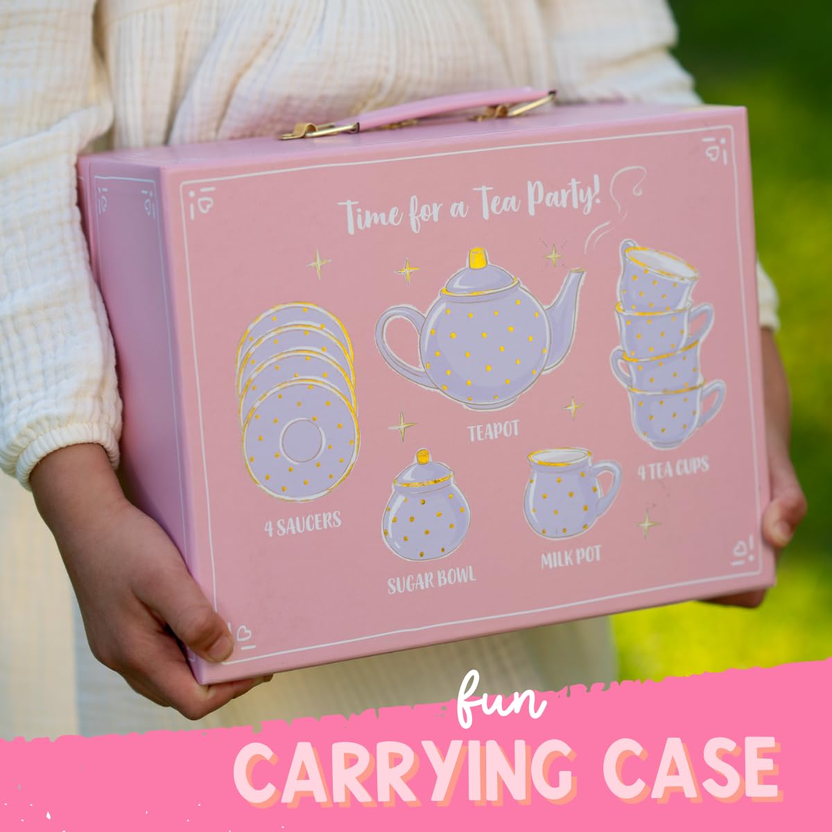 Porcelain Tea Set for Girls - Lavender & Gold Polka Dot Tea Party Set for Kids I Complete Children Tea Sets with Carry Case, Bir