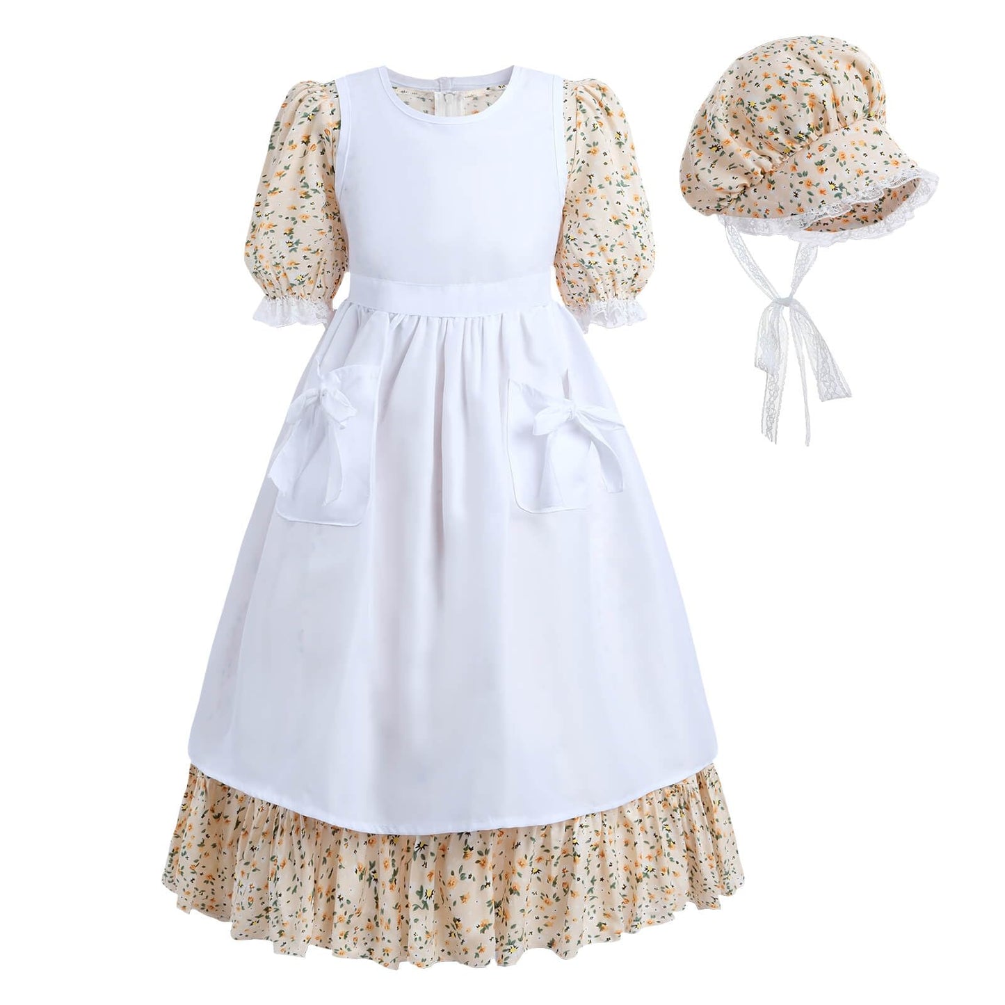 Nuoqi Colonial Costume Girls, Prairie Dress Girls Pioneer Dress Costume With White Apron 6-7, Orange Pink