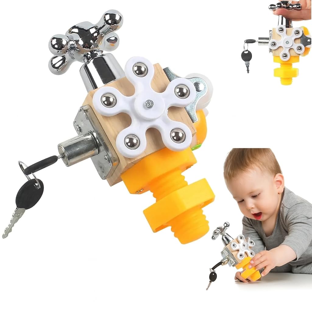 Probabe Montessori Wooden Faucet Busy Board Toy With Lock And Key Sensory Fine Motor Skills Learning Activity Gift For Toddlers