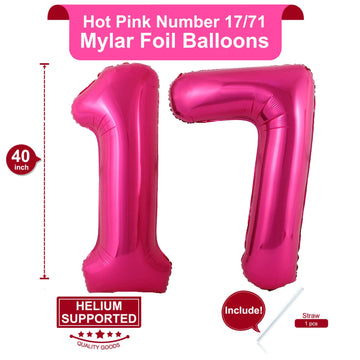 LHOAVWE Hot Pink 17 Balloons - 40 Inch Aluminum Birthday Decorations, 17th Anniversary Party Supplies