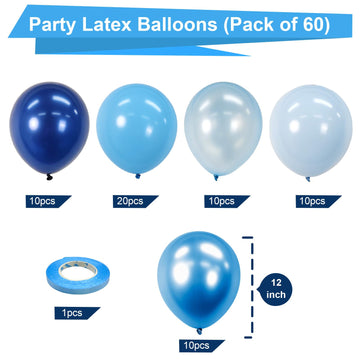 Bezente Blue Balloons Set,60Pcs 12 Inch Metallic Blue Pearl Blue Navy Blue Pastel Blue Latex Balloons Kit For Birthday,Baby Show