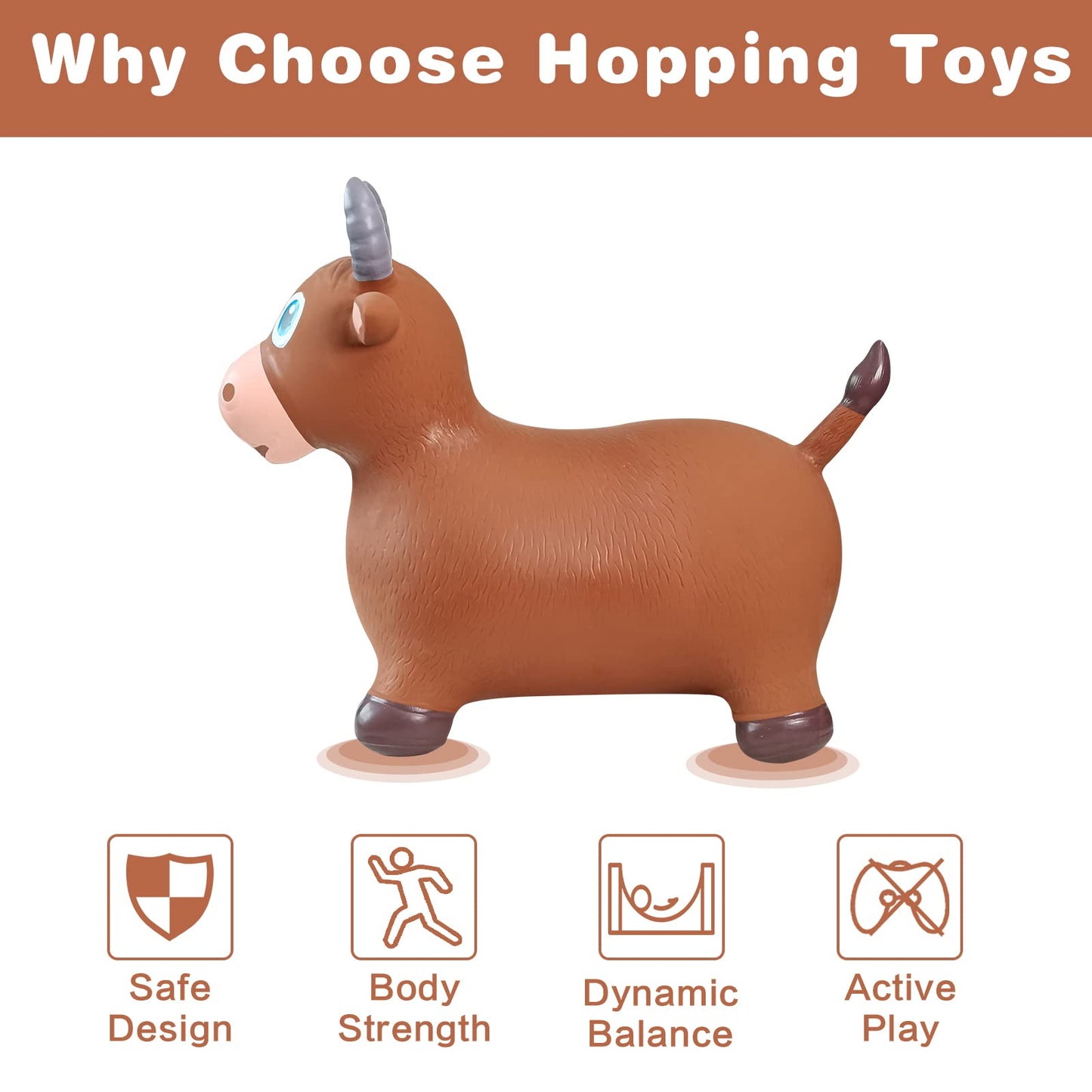 Hotmax Bouncy Bull Hopping Horse Toys, Inflatable Bouncing Animal Hopper For Toddlers Or Kids, Ride On Jumping Farm Toys For Boy Or Girl, Birthday Gift 2 3 4 Year Old (Brown Cow)