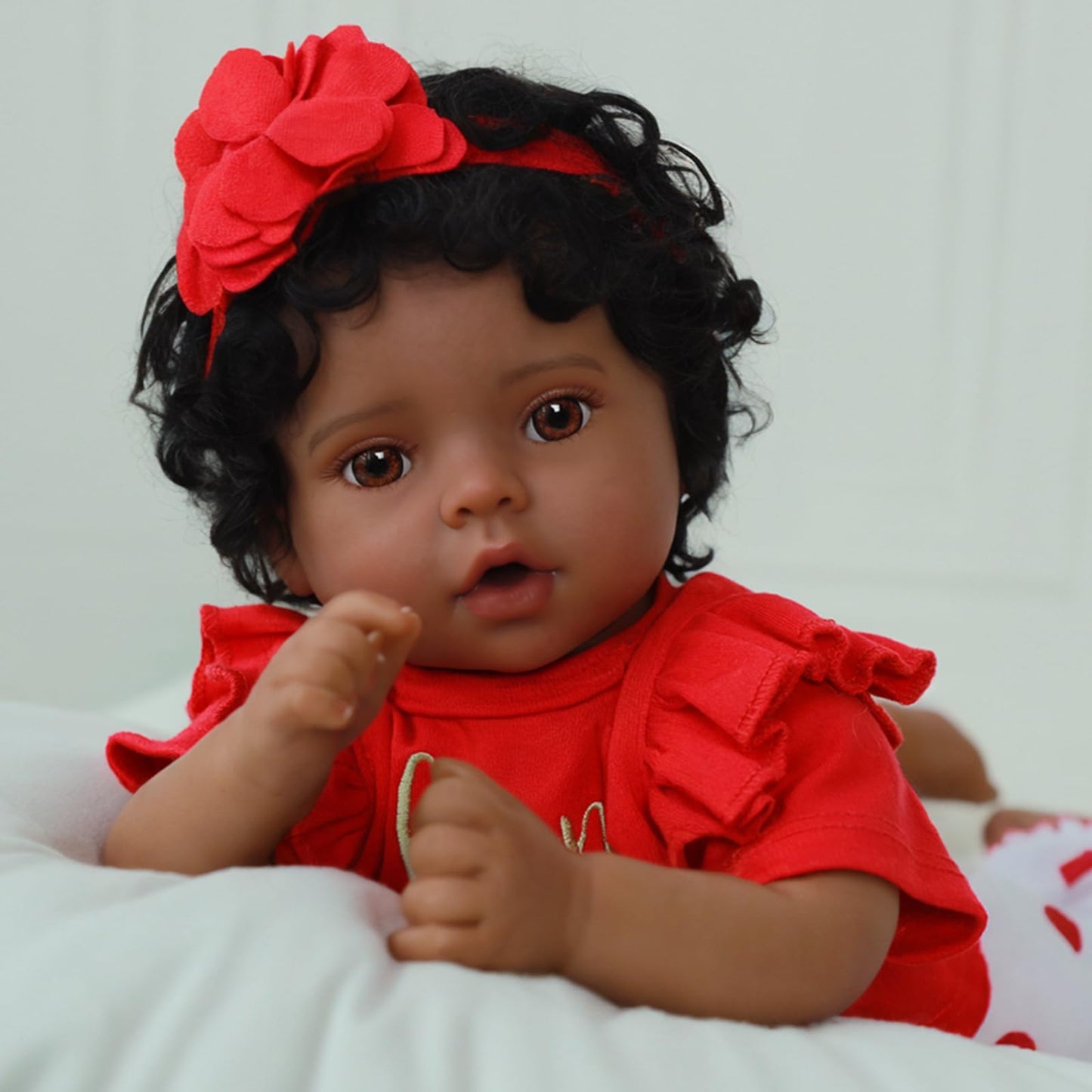 Scom Reborn Baby Dolls Black Girl - 20 Inch African American Baby Doll, Lifelike Soft Body Realistic With Open Eyes Red Suit New