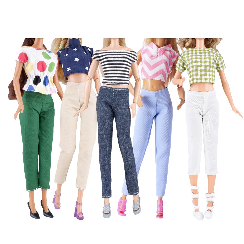 E-Ting Lot 10 Items = 5 Sets Doll Clothes Casual Wear Outfit Tops + Pants With 5 Pair Shoes Accessories For 11.5 Inch Doll (Style B)