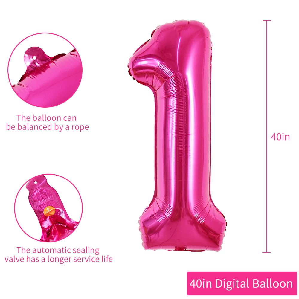 Toniful 40 Inch Hot Pink Large Numbers Balloon 0-9 Birthday Party Decorations,Foil Mylar Big Number 1 Balloon Digital 1 For Birt